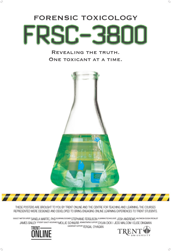 A movie-style poster for FRSC 3800 showing a beaker with green liquid and within the liquid you can see two scientists in a lab. There is black and yellow caution tape used as a border at the bottom.