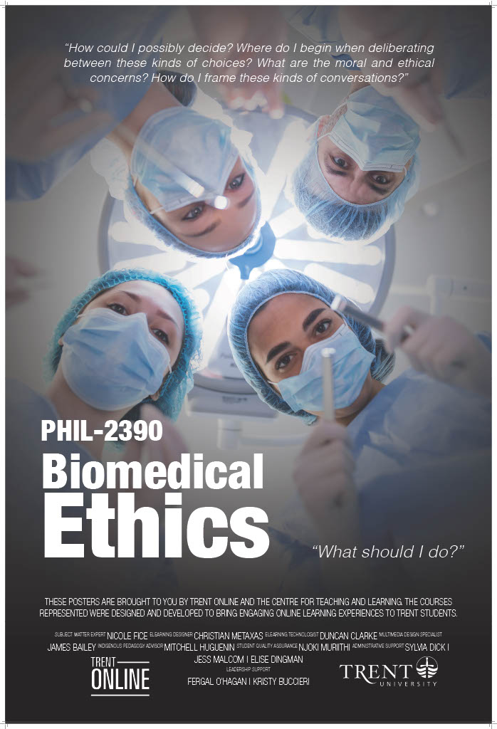 A movie-style poster for PHIL 2390 showing four people in medical scrubs looking down on the viewer as if the viewer is on a surgical table