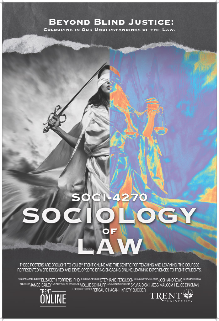 A movie-style poster for SOCI 4270 showing a collage of a woman holding a sword and the scales of justice.