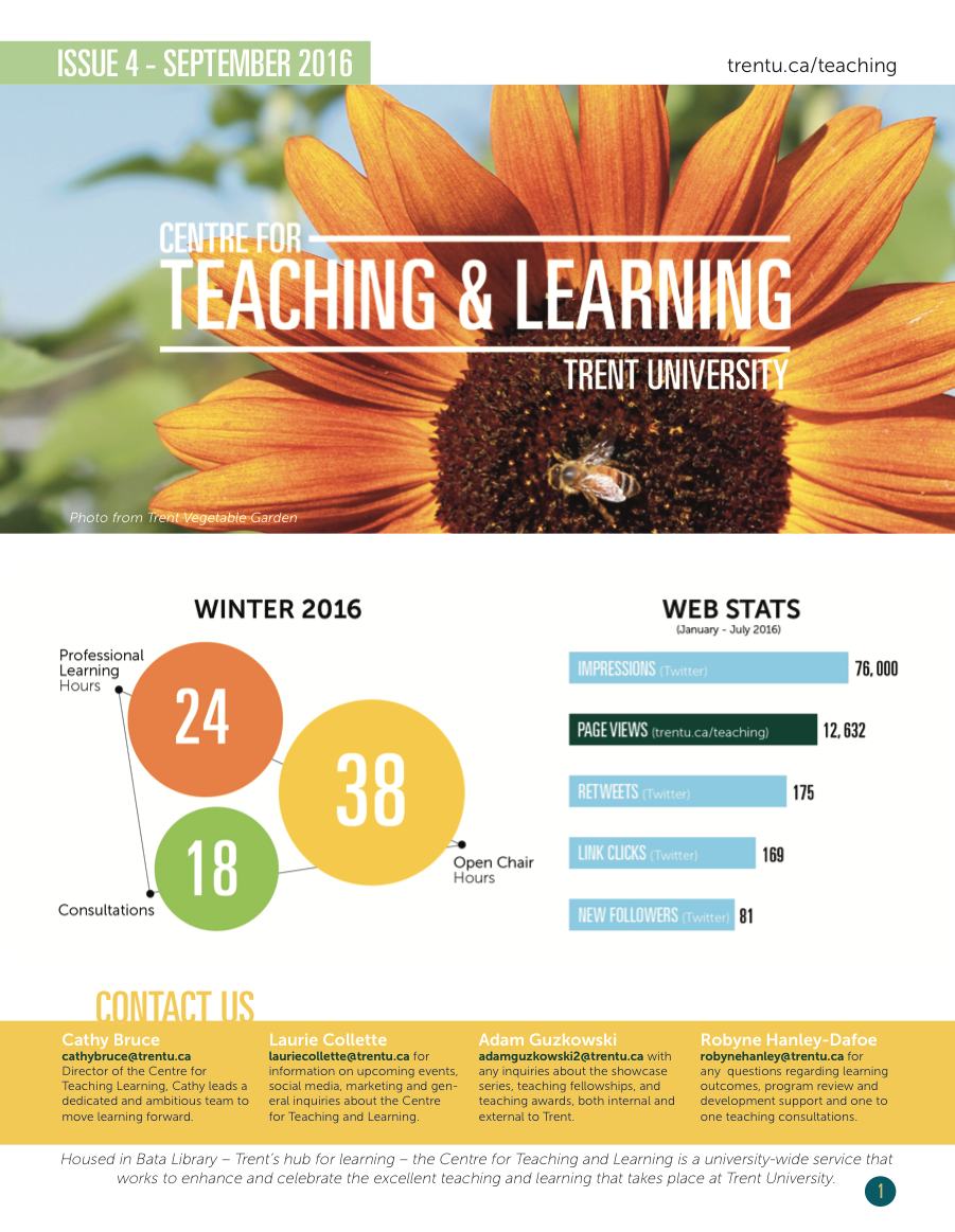 Image of CTL Newsletter for September 2016; image of sunflower with a bee on it along with statistical graphics