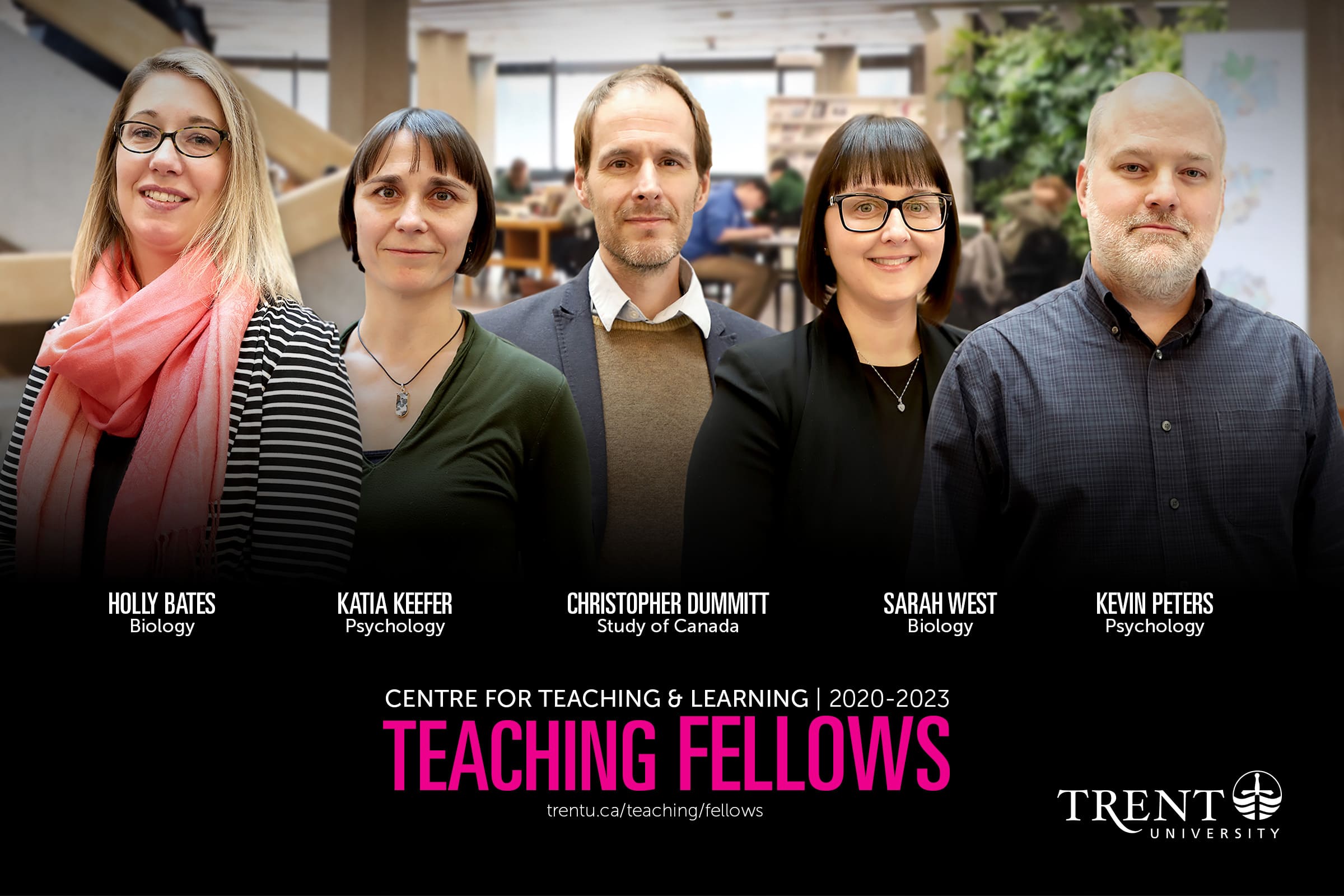 An image introducing our 2019-2022 Teaching Fellows. Holly Bates, Sarah West, Katia Keefer, Christopher Dummitt, Sarah West, and Kevin Peters.