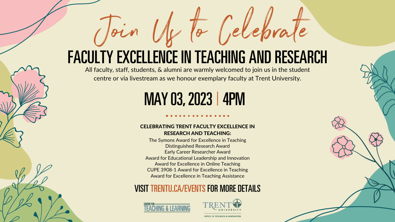 Spring-themed illustrations as background for an invitation to the Celebration of Faculty Excellence in Teaching and Research on May 3 from 4-6:00PM at the Student Centre.