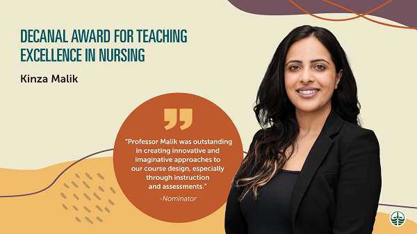 "Fall themed poster featuring Kinza Malik and the quote 'Professor Malik was outstanding in creating innovative and imaginative approaches to our course design, especially through instruction and assessments.'"