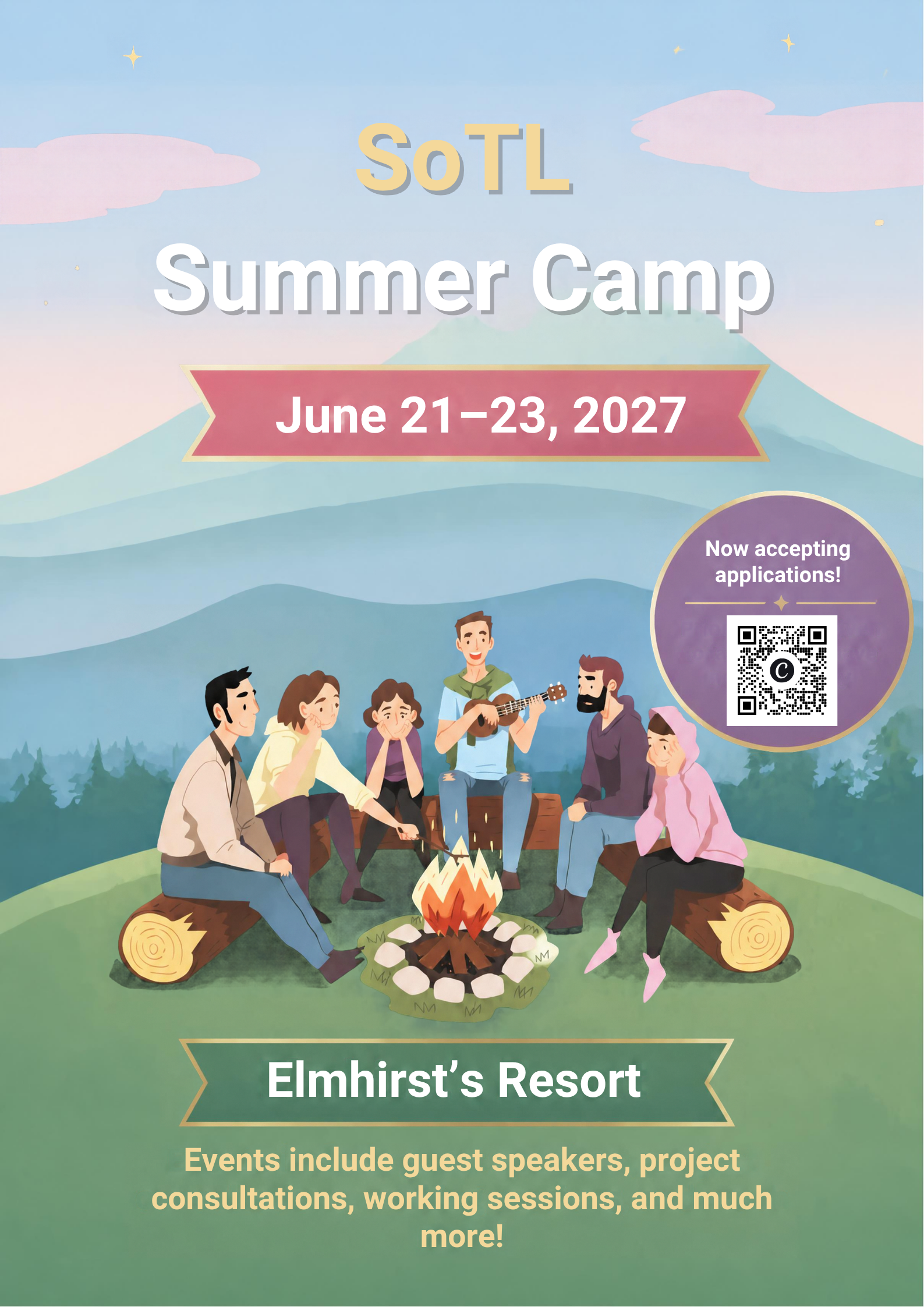 SoTL Summer Camp poster with six cartoon people sitting around a fire, one person playing guitar