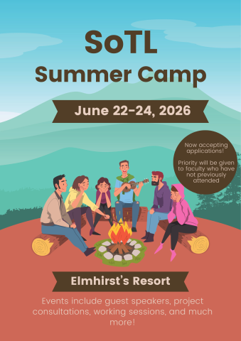 A poster with the title of the retreat "SoTL Summer Camp" and a image of a group of individuals around a fire with a guitar and smores.
