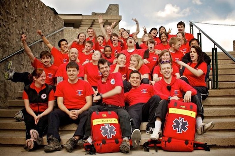 TUEFRT Team Members sitting at Bata Podium stairs from 2010 - 2011