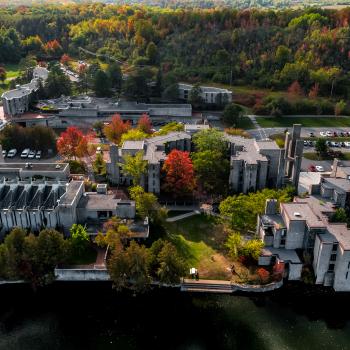 Aerial photo of Champlain College in the fall