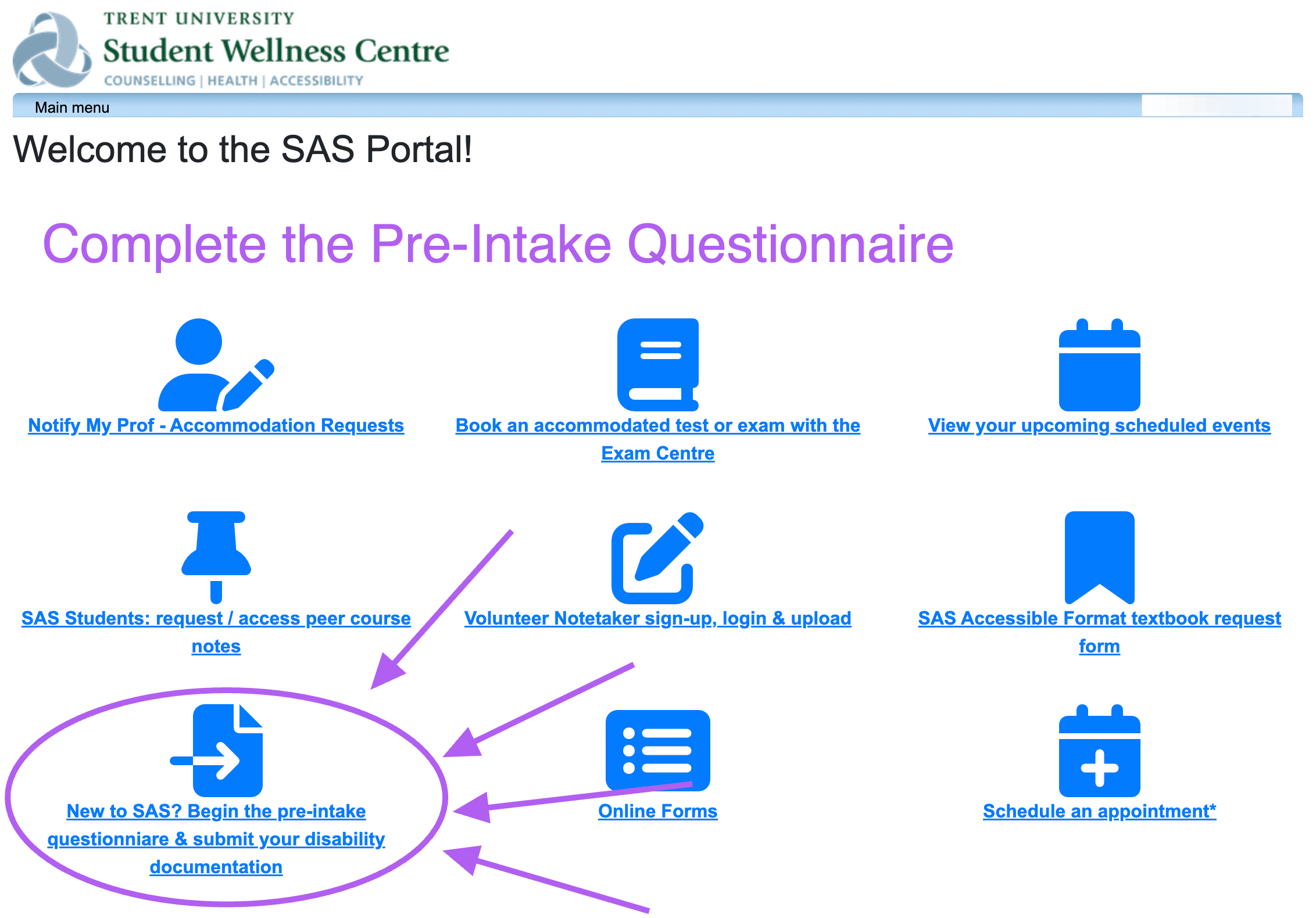 Screenshot of the SAS Portal; arrows directing attention to the link to the Pre-Intake Questionnaire